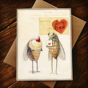May include: A watercolor illustration of two insects, one holding a cone of ice cream with a strawberry on top and the other holding a small card with a red heart on it. The background is a vintage postcard with a red heart stamp.