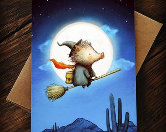 Javelina Witch Halloween Card: Funny Arizona Desert Art