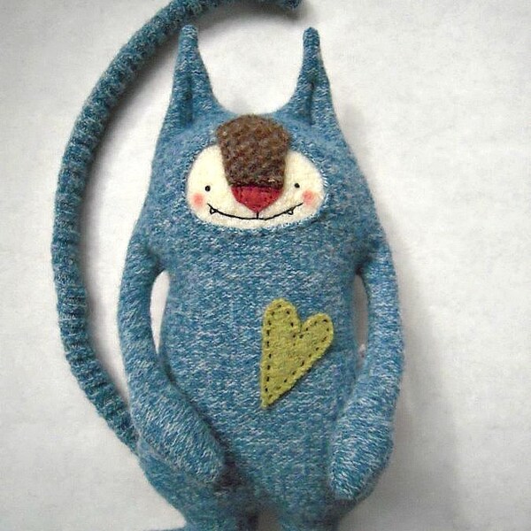 Cat Stuffed Animal Repuposed Wool Sweater Upcycled Blue