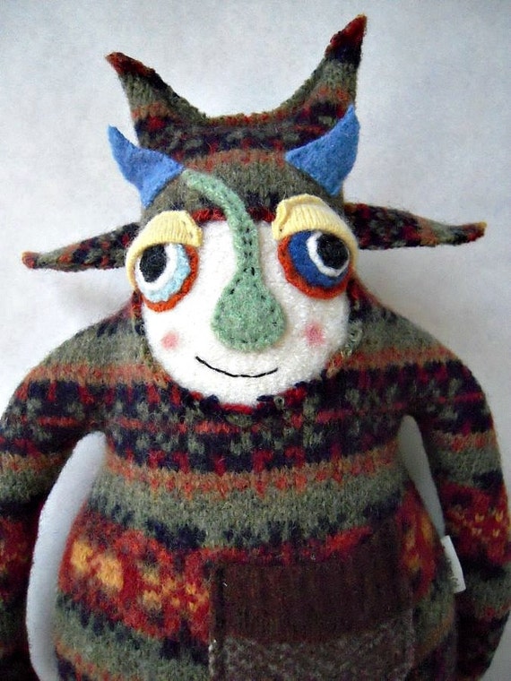 Stuffed Animal Monster Recycled Sweater Striped Colorful 