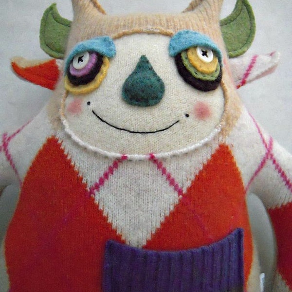 Argyle Stuffed Animal Monster Orange Upcycled Wool Sweater Repurposed