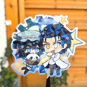 Steins;Gate Okabe Rintaro & Mayuri shiina Chibi Sticker – Premium Holographic Vinyl Die-Cut | SciADV Makise Kurisu Stars Mad Scientist Anime