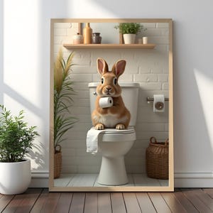 Funny Bathroom Rabbit Print, Animal Reading On Toilet Cute Bathroom Wall Art, Neutral Country Art Decor, Woodland Animals Kids Nursery Decor