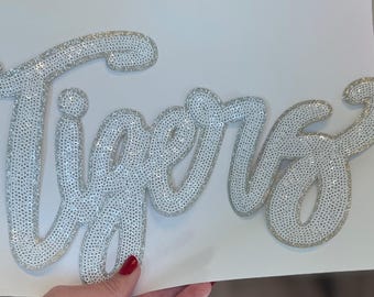 Sequin Tigers Patch: 11" White & Silver Glitter Iron-On, DIY