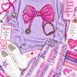 Sequin Stethoscope Bow Patch: Pink Iron-On Applique (11 in)