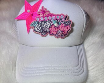 Feeling Lucky Glitter Patch: Cowgirl Trucker Hat Iron-On Applique