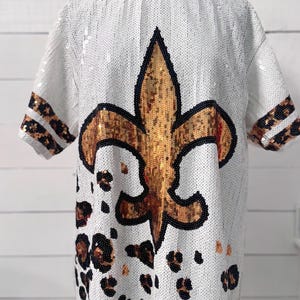 Fleur De Lis Sequin Jersey Dress: White & Gold Game Day Attire