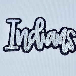 Sequin Indians Patch: White Mascot, Black Glitter - Iron On, Game Day
