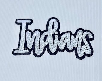Sequin Indians Patch: White Mascot, Black Glitter - Iron On, Game Day