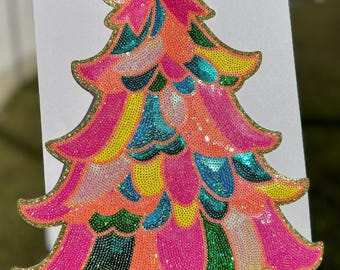 Sequin Christmas Tree, Sequin Bow Iron on Patch