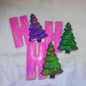 Sequin 'Ho' Christmas Tree Iron-On Patch, Pink Applique (11 inches)