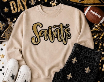 Sequin Script Saints Patch: Black Glitter Iron on Applique, School Mascot