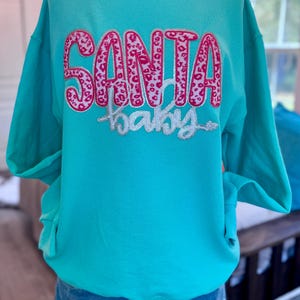 Santa Baby Pink Leopard Chenille Sequin Patch: Glitter Christmas Iron-On