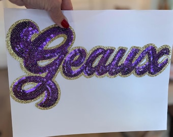 Sequin Script Geaux Patch: Gold Glitter Iron on Applique