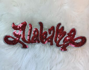 Crimson Sequin Alabama Patch: Silver Glitter Iron-On Applique