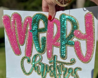 Sequin Merry Christmas Patch: Iron On Applique - 11-inch