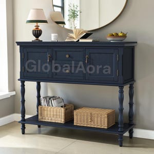 Retro Console Table with Drawers, Narrow Entryway Sofa Table, 2 Door Cabinet Open Shelf, Hallway Foyer Living Room Furniture Decor