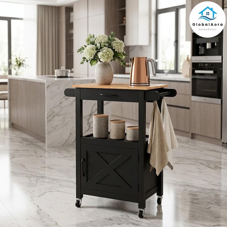 Kitchen Island on Wheels With Barn Door Storage | Rolling Kitchen ...
