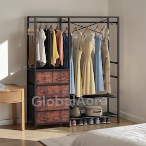 May include: A black metal clothing rack with a wooden drawer unit and hanging clothes. The drawers have a wood grain finish. Various dresses and shirts hang on wooden hangers. The text "Global Aora" is visible on the drawers.
