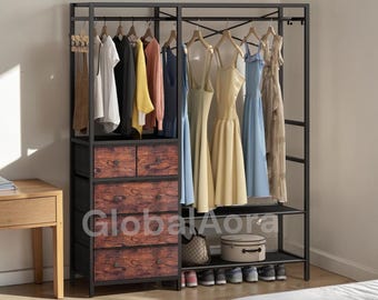 Clothes Rack with Drawers and Shelves, Heavy Duty Wardrobe Closet Organizer  Freestanding Garment Rack with Hanging Rods and Hooks