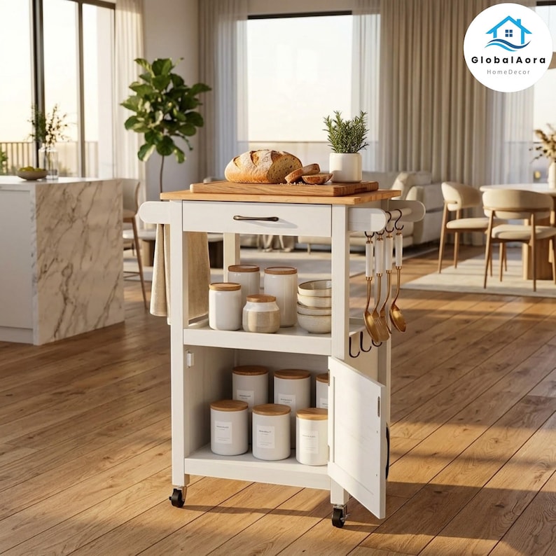 Kitchen Island on Wheels With Barn Door Storage | Rolling Kitchen ...