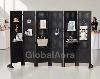 Freestanding Pegboard Room Divider, 5FT Wood Display Board Organizer, Folding Privacy Screen, Craft Show Retail Event Space Separator