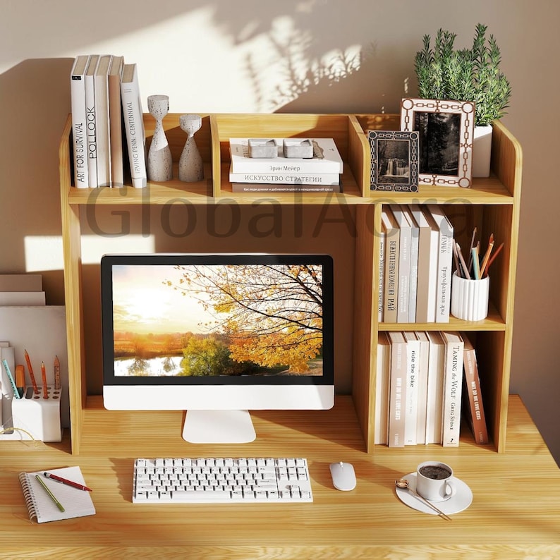 Desktop Bookshelf  Desk Shelf Organizer  Desktop Hutch  Wooden Bookshelf 5 Shelves