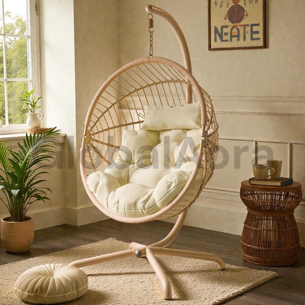 Swing Egg Chair with Stand, Indoor Outdoor Hanging Egg Chair with Cushion, Patio Garden Egg Chair for Balcony Living Room Bedroom