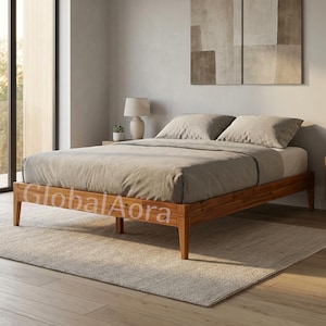Bed Frame, Solid Acacia Wood | Japanese Bed Frame, Low Wood Bed Frame Style | King Bed Frame & Queen Bed Frame Wood, No Box Spring