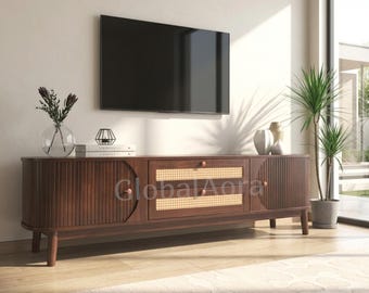 GlobalAora Wood TV Stand Console with Sliding Door  Faux Rattan & Walnut Media Cabinet  Modern Rustic TV Unit