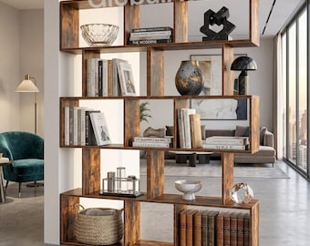 S Shaped Bookshelf Set of 2, Wooden Room Divider Shelf | 5 Tier Geometric Bookcase Room Partition | Freestanding Wood Book Shelves