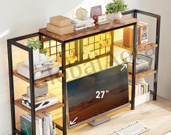 Desk Shelf with LED Light, adjustable 45 inch desk hutch with 5 tier shelves, desktop bookshelf with hooks for home office dorm