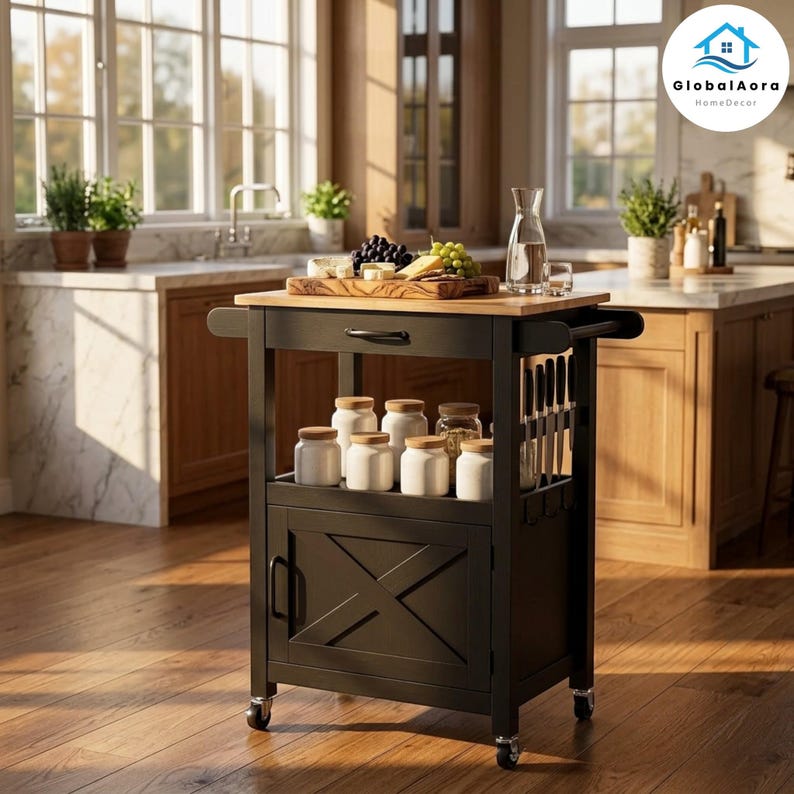 Kitchen Island on Wheels With Barn Door Storage | Rolling Kitchen ...
