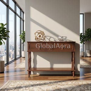 May include: A brown wooden console table with two drawers and a lower shelf. The table features turned legs and is topped with a gold-toned spherical sculpture and a clear glass bowl. The text GlobalAora is visible on the front of the drawers.