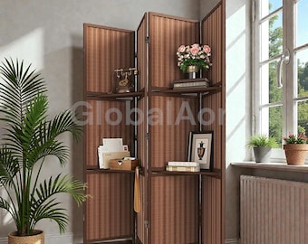 Bamboo Room Divider with Shelves, 4 panel folding privacy screen, Asian style partition with storage for bedroom living room