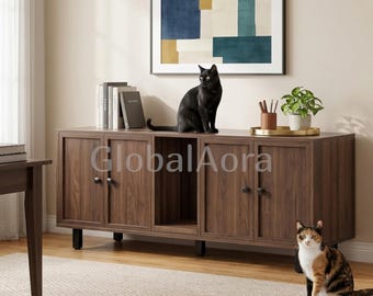 Cat Litter Box Enclosure for 2 Cats, Hidden Litter Box Furniture  Cat House Indoor with Scratch Pad  Wooden TV Stand Cat Bed Cabinet