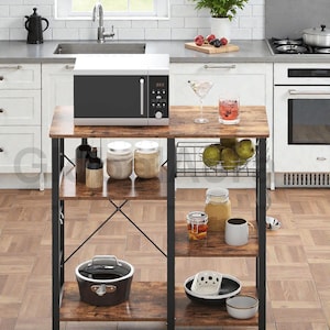 3-Tier Bakers Rack with Fruit Basket | Compact Kitchen Island Table & Microwave Stand | Walnut Black Corner Bakers Rack for Small Spaces