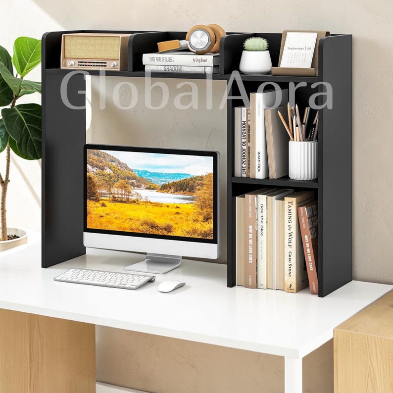 Desktop Bookshelf  Desk Shelf Organizer  Desktop Hutch  Wooden Bookshelf 5 Shelves