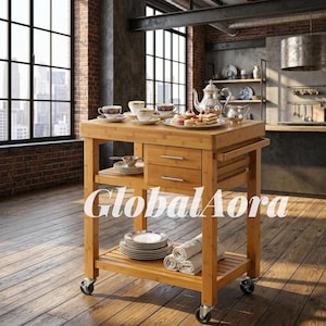 May include: A light brown bamboo kitchen cart featuring two drawers with silver handles, a slatted middle shelf, and a slatted bottom shelf. The cart is equipped with four caster wheels and displays the text GlobalAora on the front frame.