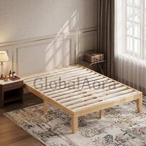May include: A light-colored wooden bed frame featuring a slatted base design. The frame is constructed with four sturdy legs and horizontal wooden slats across the entire surface. The text GlobalAora is visible across the center of the bed frame.