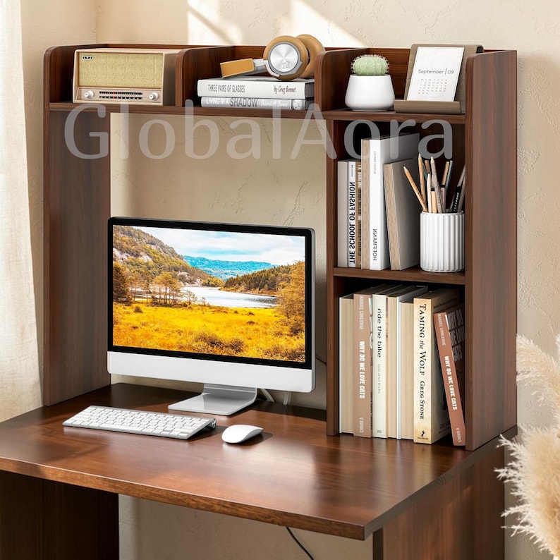 Desktop Bookshelf  Desk Shelf Organizer  Desktop Hutch  Wooden Bookshelf 5 Shelves