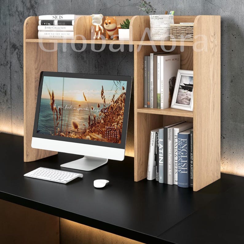 Desktop Bookshelf  Desk Shelf Organizer  Desktop Hutch  Wooden Bookshelf 5 Shelves