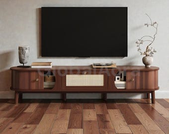TV Console Table, Rattan Door TV Stand with Solid Wood Storage, Rustic Media Cabinet for Living Room, Natural Wood Entertainment Center