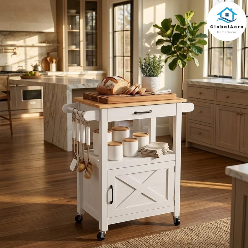 Kitchen Island on Wheels With Barn Door Storage | Rolling Kitchen ...