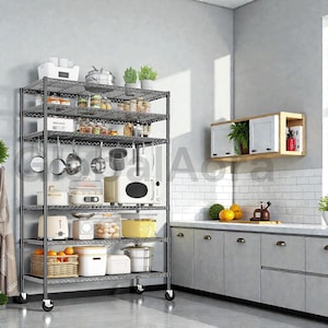 May include: A black metal wire shelving unit on wheels, filled with kitchen items. The shelves hold pots, pans, small appliances, spices, and baskets of fruit. A microwave and toaster are visible.