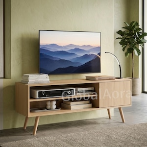 GlobalAora TV Stand  Mid Century Modern  Entertainment Center  Charging Station  Storage Cabinet