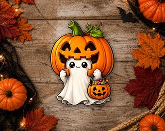 Pumpkin Ghost Sticker | Cute Kawaii Halloween Ghost Vinyl Sticker | Jack O Lantern Ghost Waterproof Laptop Water Bottle Decal