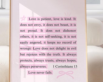 1 Corinthians 13 Wall Art Pink Christian Wall Art Girly Bible Verses Preppy Wall Art Aesthetic Pink Quote Coquette Wall Art Christian Girl