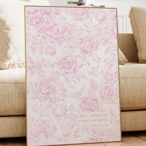 Proverbs 31 25 Vintage Floral Print Pink Christian Wall Art Trendy Jesus Art Bible Verse Print Scripture Poster Christian Aesthetic Wall Art