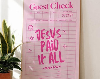 Jesus Paid It All Wall Art Guest Check Print Pink Christian Wall Art Christian Aesthetic Wall Art Pink Wall Decor Christian Girl Dorm Room
